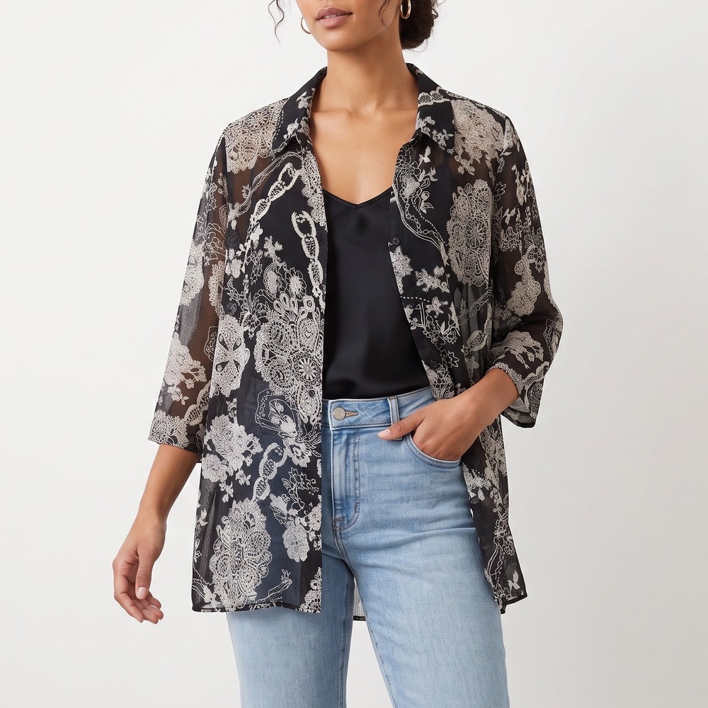 Essentials By Milano Blouse Womens 2X Button-Down Black Paisley Sheer Excellent